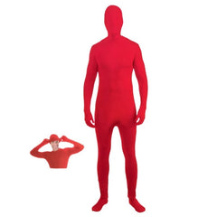 Red full-body suit with a matching red hood on a white background