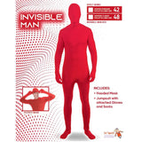 Red 'Invisible Man' costume with packaging details on a white background