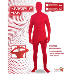 Red full-body suit with a matching red hood on a white background
