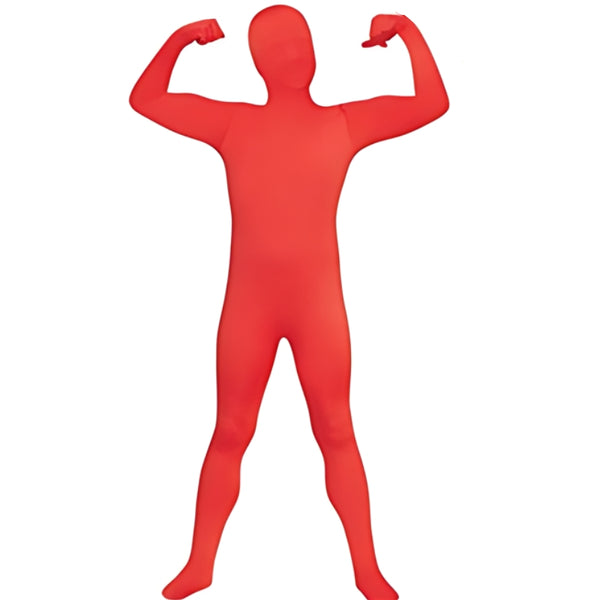 invisible teen body suit in red with attached gloves, feet and mask.