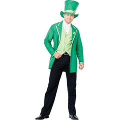 Irish Leprechaun Costume - Hire, green jacket, spotted double breasted vest and matching top hat.