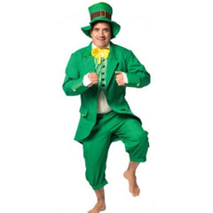 Adult Irish Man Costume featuring green jacket, trousers, vest, hat and bow tie for St Patrick's Day celebrations.