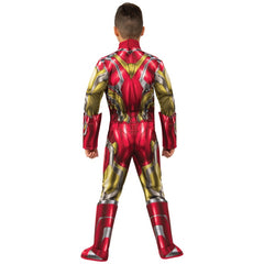 Child wearing an officially licensed Iron Man Deluxe costume with padded armour and full-face mask