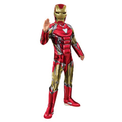 Child wearing an officially licensed Iron Man Deluxe costume with padded armour and full-face mask