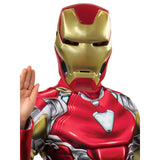 A child's Iron Man costume shown on a model, featuring a red and gold metallic suit with silver armor plating and a glowing blue arc reactor on the chest, set against a plain white background.