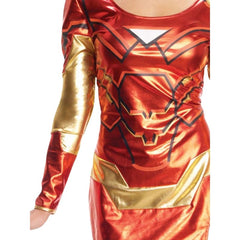 Iron Rescue costume for women with metallic red and gold dress and foam eye mask – Marvel superhero outfit