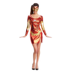 Iron Rescue costume for women with metallic red and gold dress and foam eye mask – Marvel superhero outfit