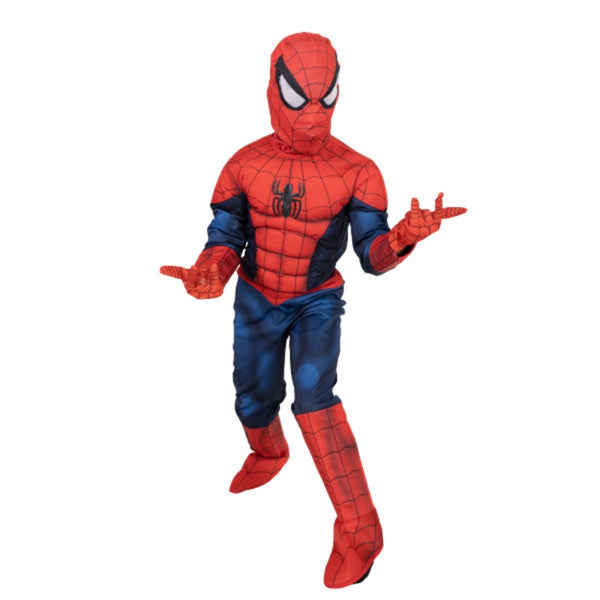 A child's full-body Spider-Man costume shown on a white background, with a red and blue spider-themed bodysuit, mask, gloves, and boots.