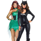 Ivy villian and cat woman figure hugging costumes
