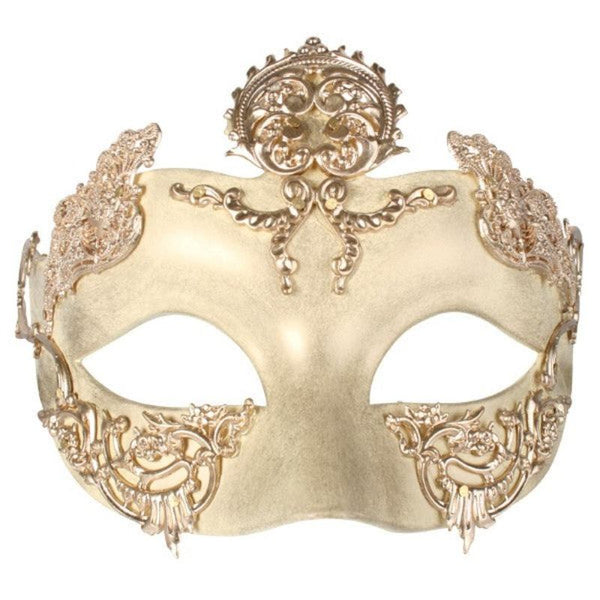 Isha half mask in cream base and shiny gold detail.