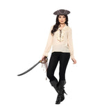 ivory pirate shirt, laces up at the front with frills around the collar and lacing, frilly cuffs.