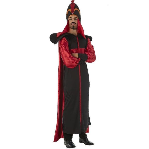Jafar Deluxe Adult Costume - Aladdin, long robe, 3d felt shoulder pieces and red satin cape.
