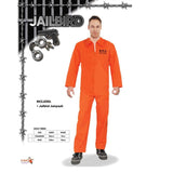 jailbird orange convict jumpsuit, with printed number on the chest.