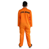 Back view of the Jailbird Orange Convict Jumpsuit featuring a bright orange design with bold "Jail Bird" text printed across the upper back, ideal for prisoner-themed costumes.