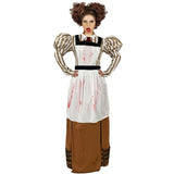 Jane the Ripper ladies Victorian horror costume with striped dress and blood-effect apron