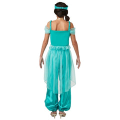 Adult Princess Jasmine deluxe costume with satin top, harem pants, gold necklace and jewel headpiece
