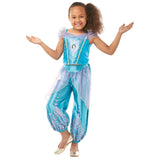 jasmine gem princess costume for child, tulle peplum overlay over pants, printed glitter motifs on legs.