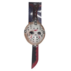 Jason Voorhees Adult Mask and Machete Set with blood-spattered blade – Friday the 13th horror accessory kit