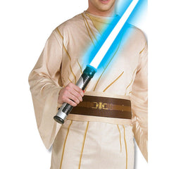jedi knight costume for adults, cream tunic, brown pants with digitally printed belt.