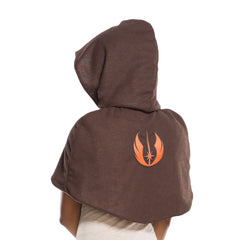 Jedi Short Hooded Cape – brown capelet with attached hood, press stud collar fastening, satin inner lining with Jedi emblems, and printed orange Jedi symbol on the back.