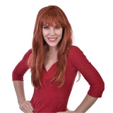 long straight wig with fringe in auburn shade.