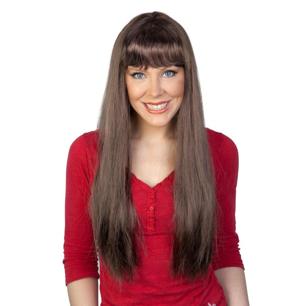 Long brown straight costume wig with fringe, synthetic fibre