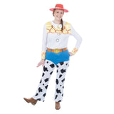 Jessie Deluxe Toy Story costume for adults with cowgirl shirt, cow-print chaps and red hat
