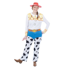 Jessie Deluxe Toy Story costume for adults with cowgirl shirt, cow-print chaps and red hat