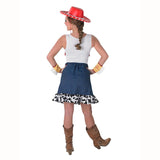 Sassy Jessie Costume - Adult Toy Story, dress with blue skirt, black and white frill hem, yellow and red top, gauntlets with fringing and iconic red cowgirl hat., sleeveless dress.