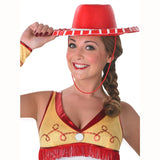 Sassy Jessie Costume - Adult Toy Story, dress with blue skirt, black and white frill hem, yellow and red top, gauntlets with fringing and iconic red cowgirl hat.