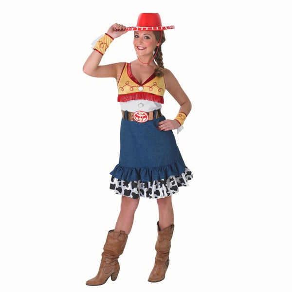 Sassy Jessie Costume - Adult Toy Story, dress with blue skirt, black and white frill hem, yellow and red top, gauntlets with fringing and iconic red cowgirl hat.