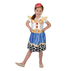 Child Jessie Toy Story costume with printed satin dress and matching cowgirl hat headband