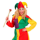 Person in a colorful jester costume holding a staff on a white background