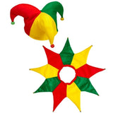 Jester hat and collar set in red green and yellow with bells