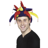 Jester Hat, Multi-Coloured in red, blue and yellow with many spikes and attached bells, adult size.