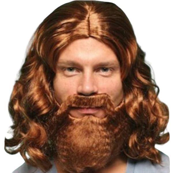 Jesus Wig in Auburn, long curly synthetic fibre wig for biblical and religious costumes.