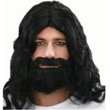 Jesus wig in black, shoulder length wavy hair with centre part and beard and mo.