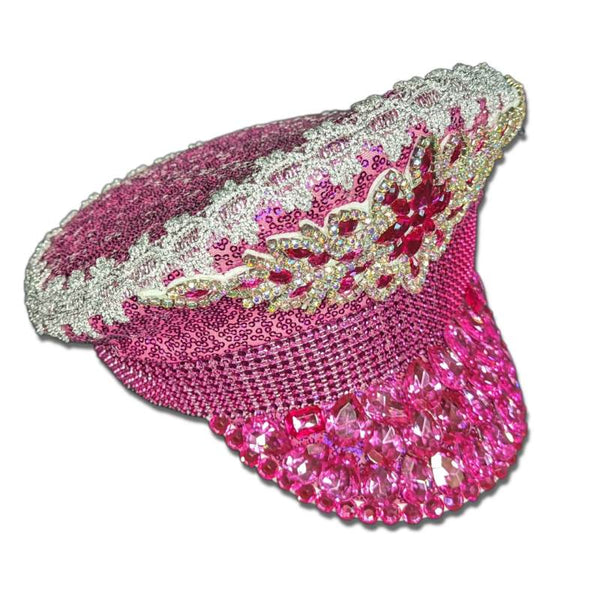 Jewelled Festival Hat-Pink, pink sequin cap with silver braid and heavily jeweled. One size ladies.