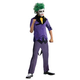 Child wearing an officially licensed Joker Deluxe costume with purple tailcoat and pinstriped trousers