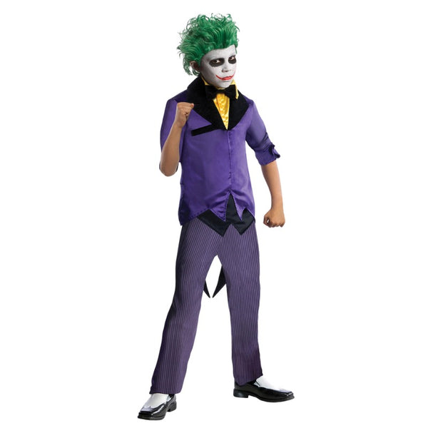 Child wearing an officially licensed Joker Deluxe costume with purple tailcoat and pinstriped trousers