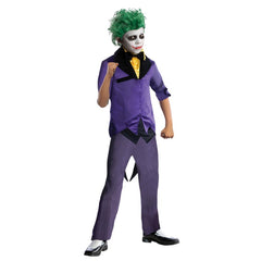Child wearing an officially licensed Joker Deluxe costume with purple tailcoat and pinstriped trousers