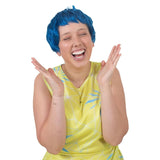 Close-up of Joy costume showing yellow dress with blue pattern and blue wig
