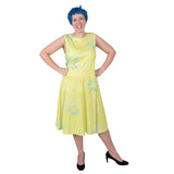 Front view of adult Joy costume with yellow dress and blue wig from Disney Pixar Inside Out