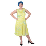 Joy costume from Inside Out with yellow patterned dress and short blue wig – Disney Pixar adult outfit