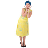Joy costume from Inside Out with yellow patterned dress and short blue wig – Disney Pixar adult outfit