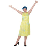 Joy costume from Inside Out with yellow patterned dress and short blue wig – Disney Pixar adult outfit