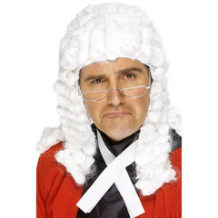 White curly judge’s wig in barrister style for courtroom, theatre, or costume parties
