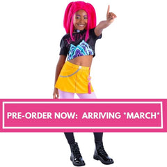 Child wearing K-Pop Demon Hunters Mira costume with yellow skirt with pre-order banner