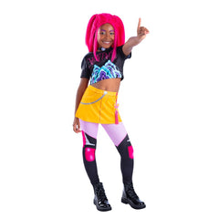 Child wearing K-Pop Demon Hunters Mira costume with yellow skirt with pre-order banner