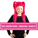Child wearing K-Pop Demon Hunters Mira hot pink wig with side ponytails preoder banner